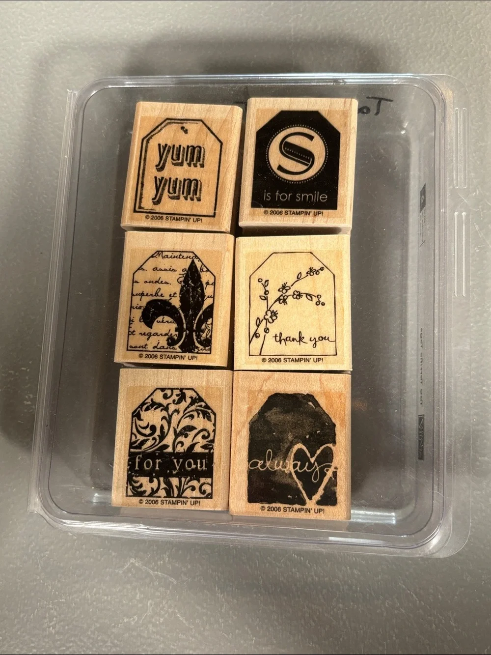 Stampin’ Up Too Terrific Tags 2006 Set of 6 Wood Mount Rubber Stamps